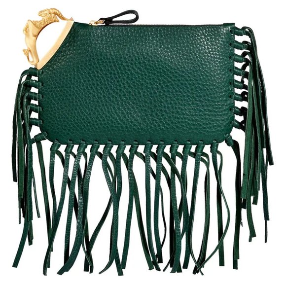 VALENTINO Garavani Green Leather Scarab Fringe Clutch Bag - Picture 1 of 5
